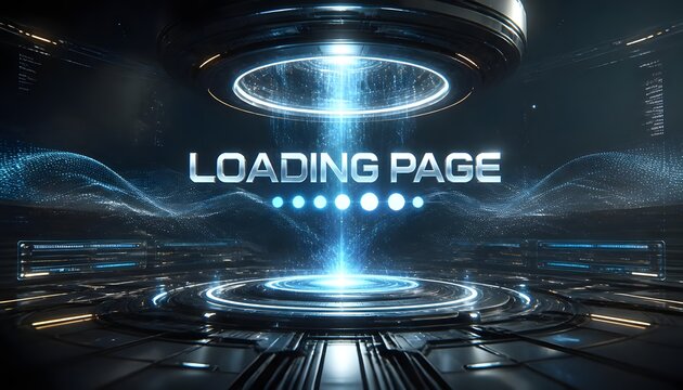 Futuristic digital loading screen with energy portal interface in high-tech sci-fi environment