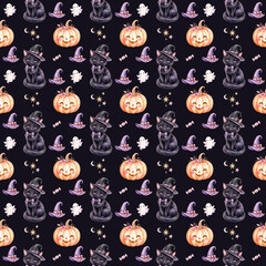 水彩風の黒猫とかぼちゃ、おばけ、魔女の帽子を描いた可愛いハロウィンのシームレスパターン © little birdy works