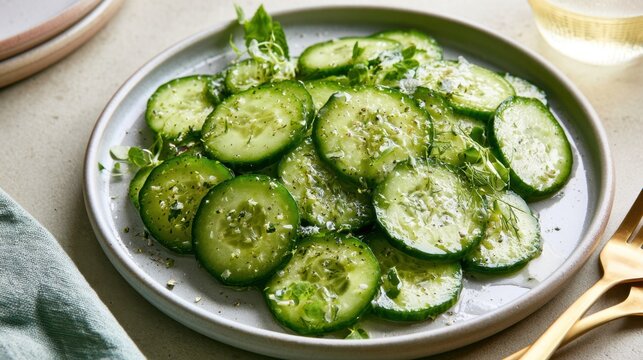 Fresh cucumber salad with herbs and pepper served on white ceramic plate with light background and gold fork and knife