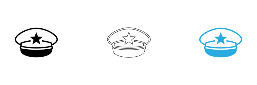 Three baseball caps with star emblem in different colors isolated on transparent background, Vector