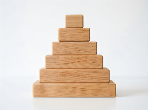 Pyramid of natural wooden blocks stacked neatly in diminishing size order