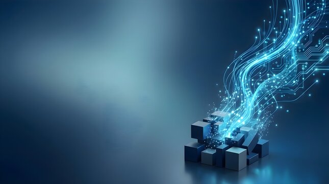 Abstract technology concept featuring glowing data streams and digital waves emerging from 3D geometric cubes on a dark blue background.