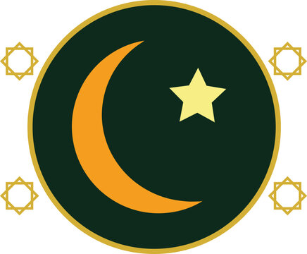 Islamic Crescent Moon and Star Vector Emblem with Golden Octagram Frame