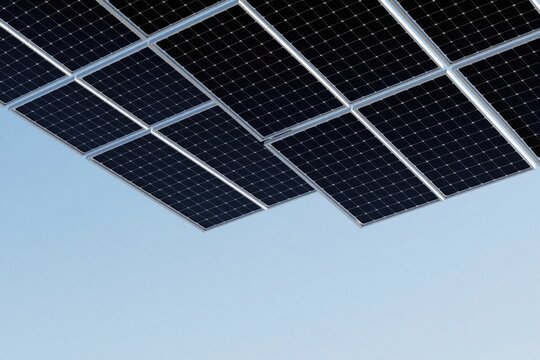 Rows of black solar panels against a clear blue sky. These clean energy modules collect sunlight converting it into usable electricity for a sustainable future.