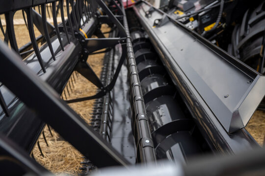 Close-up view of feed auger screw and reel mechanism on agricultural combine harvester header.
