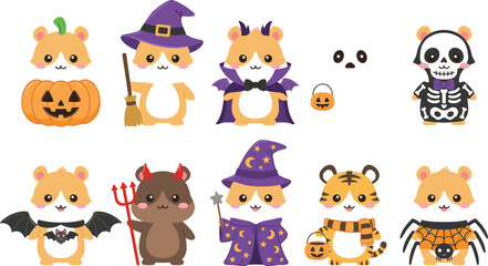 Obraz premium Cute Halloween Hamster Character Vector Set with Adorable Rodents in Pumpkin, Witch, Vampire, Skeleton, Devil, Wizard, Tiger, and Spider Costumes for Kids Festive Holiday Designs