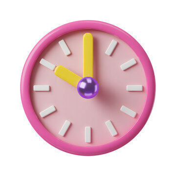 Playful pink alarm clock showing nine oclock isolated on transparent background