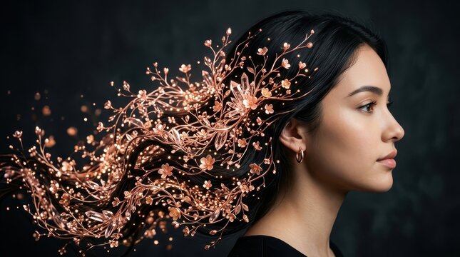 Ethereal Floral Beauty. Woman with flowing dark hair adorned with glowing rose gold metallic blossoms and crystals, spring aesthetic, conceptual portrait for beauty and wellness branding.