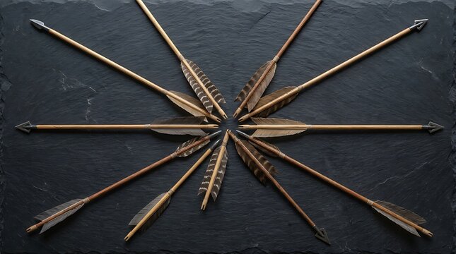 A circular arrangement of traditional wooden arrows with feathered fletching on a dark rustic textured stone surface