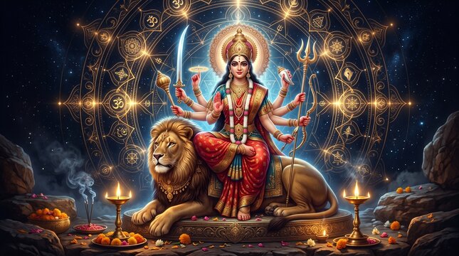 Goddess durga sitting on lion for navratri festival celebration