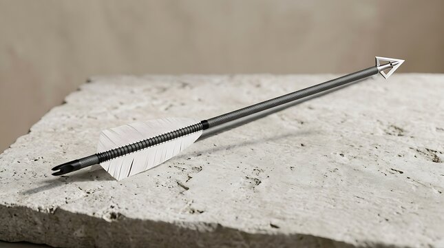 An arrow with a sharp metal broadhead tip resting on a textured light stone surface for hunting and sports photography