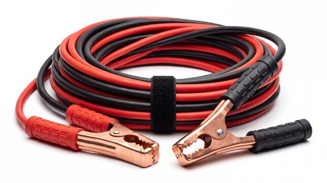 Heavy duty red and black jumper cables coiled neatly with copper clips on white background