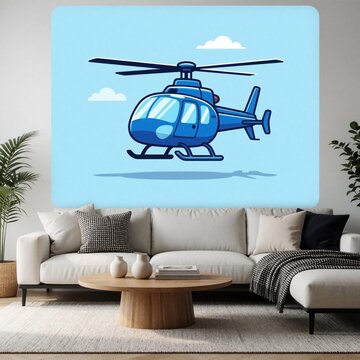 A simple cartoon illustration of a blue helicopter in flight against a light blue sky with clouds. This graphic depicts modern aerial transport for kids or tech related themes.