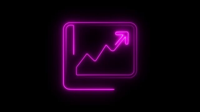 Vibrant magenta neon outline of an open book displaying a rising graph with an upward arrow