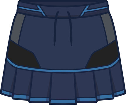 Modern Flat 2D Vector Illustration of a Women's Badminton Skirt.  Features an A-line athletic skirt design with an elastic waistband, built-in inner shorts