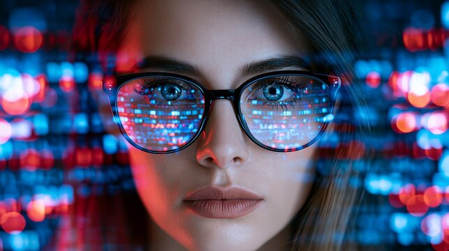 Close Up Portrait Of Female Hacker In Glasses Reflection Of Digital Code Concept Of Cybersecurity Big Data And AI Programming