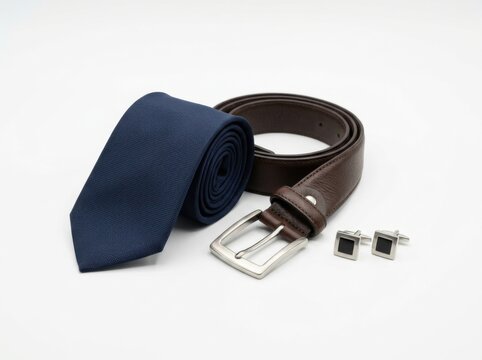 Classic Menswear Accessories: Navy Tie, Leather Belt, and Cufflinks Set