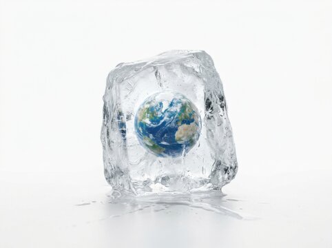 Earth globe encased in melting ice cube