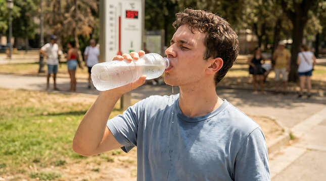Young man drinking water from a bottle in a park on a hot summer day, feeling thirsty and overheated Tropical summer atmosphere