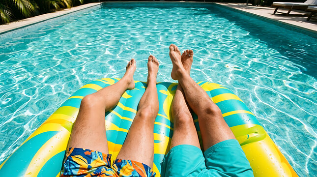 Couple relaxing on inflatable raft in tropical pool during Brazil pre-summer season Tropical summer atmosphere