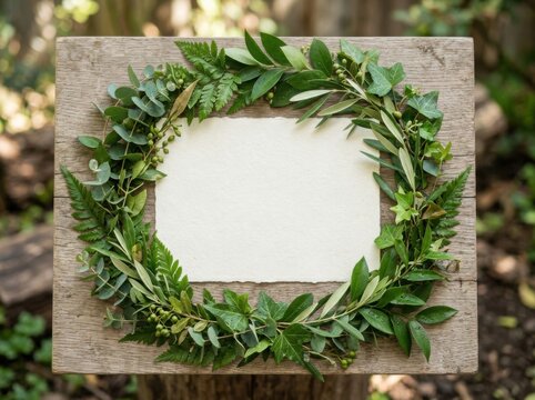 Minimal Botanical Wreath Frame with Blank Paper on Rustic Wood