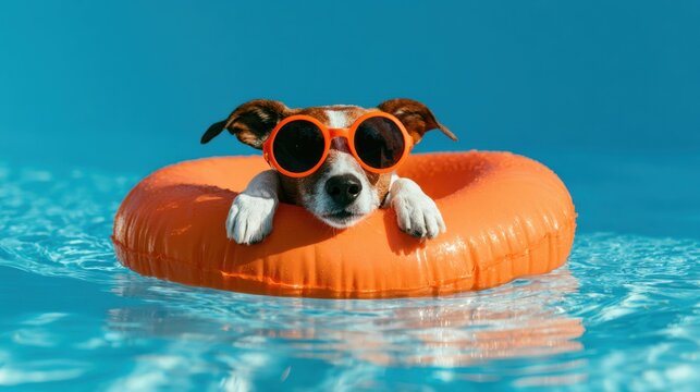 Cute dog wearing orange sunglasses relaxing on orange float in clear blue water summer sunny day fun pet leisure concept