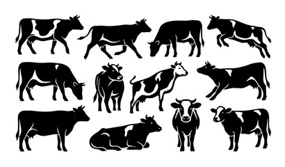 Fototapeta premium Cow Silhouette Vector Icons – Dynamic Dairy Farm Animal Collection