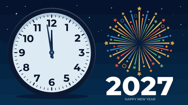 New Year 2027 celebration with midnight analog clock and colorful fireworks on dark blue sky