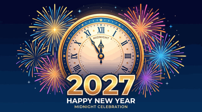 Golden vintage clock at midnight with colorful fireworks for 2027 New Year celebration