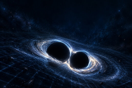 Two black holes merging in deep space with warped spacetime grid, astrophysics and gravitational waves concept