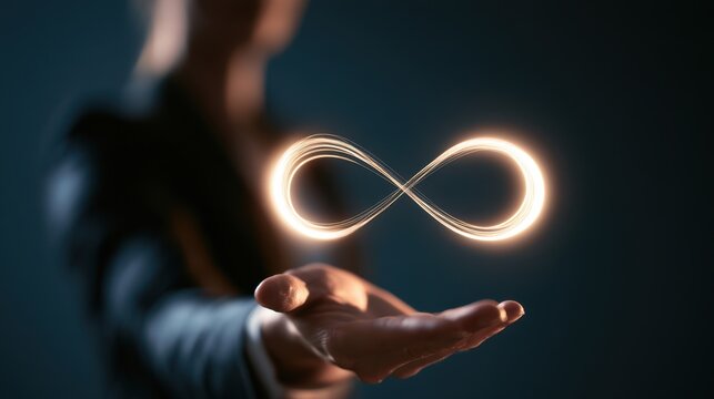 Glowing infinity symbol floating above outstretched hand representing endless possibilities and continuous energy in dark blurred background
