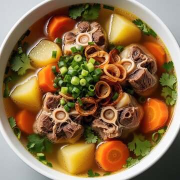 Hearty bowl of oxtail soup with root vegetables and herbs in rich broth. Savory stew with beef marrow, carrots, potatoes, onions, and parsley. Appetizing comfort food.