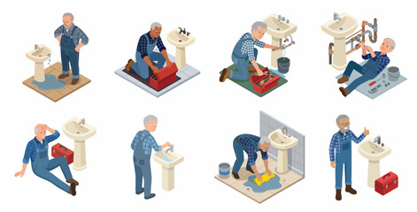 Fototapeta premium Set of isometric senior plumber characters repairing a leaking bathroom sink with professional tools and equipment