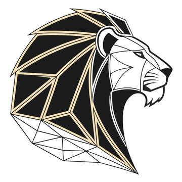 Minimalist lion head logo showcasing geometric style in black vector illustration