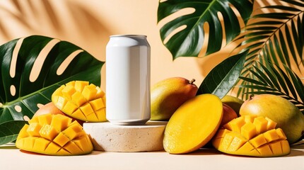 Obraz premium White aluminum sits on stone pedestal among fresh ripe mangoes, tropical monstera leaves. Sliced juicy yellow fruit surrounds blank metal soda container. Summer beverage mockup with exotic fruit,