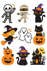 Obraz premium Cute Halloween Icon Set Featuring a Skeleton Mummy Witch Black Cat Ghosts and Haunted House