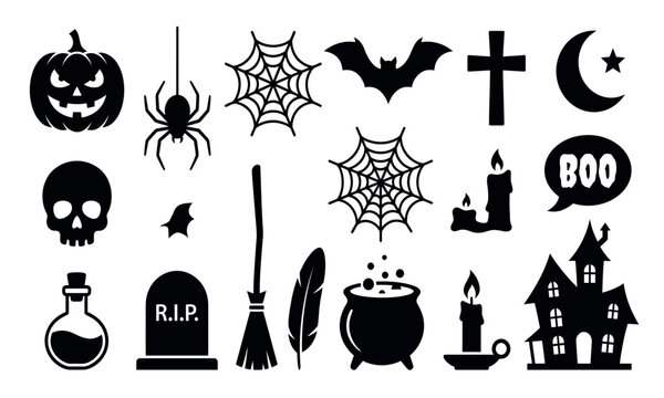 Halloween vector icon set with jack o lantern, skull, spooky house, bat, and witch elements