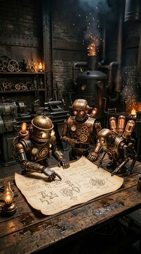 Three brass steampunk robots examining technical engineering blueprints on a wooden table inside a dimly lit industrial machinery workshop with glowing sparks