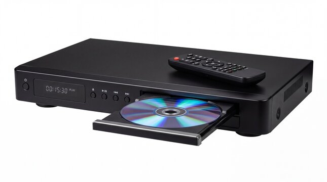 Modern black dvd player with open disc tray and remote control isolated on white background