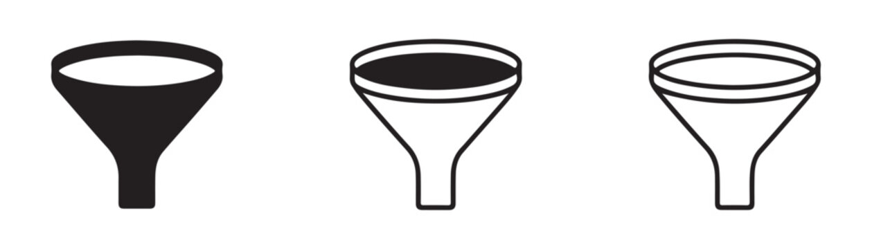 Black filter and funnel vector icons with outline details for digital database and chemical separation.