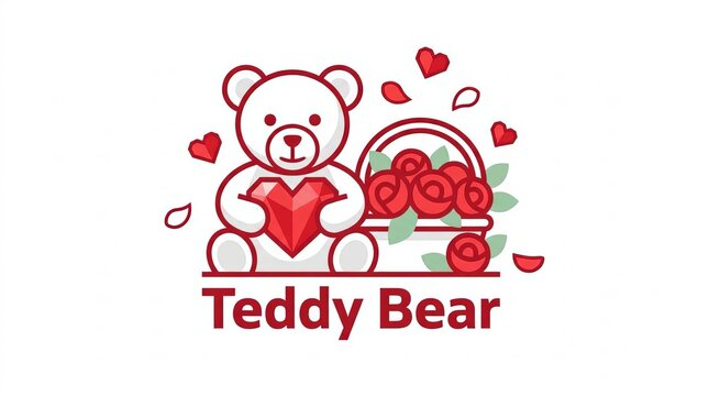 ute Teddy Bear Holding Red Heart with Floating Hearts on White Background