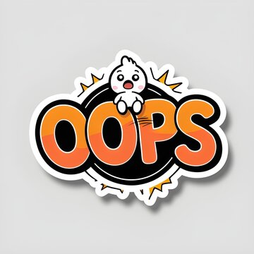 Cartoon cat inside speech bubble sticker with oops text for error or mistake branding