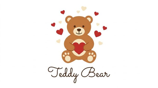 ute Teddy Bear Holding Red Heart with Floating Hearts on White Background