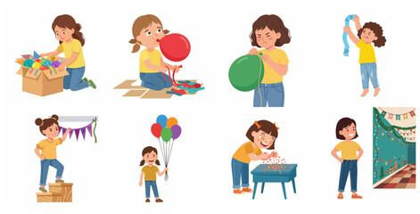 Fototapeta premium Set of Little Girl Character Preparing for Birthday Party with Balloons, Decorations, and Confetti