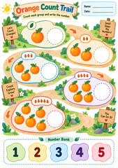 Fototapeta premium Orange Count Trail – Preschool Orange Counting Worksheet