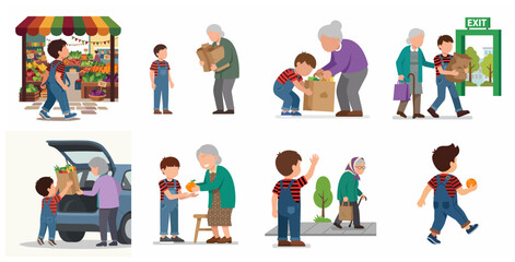 Fototapeta premium Little boy helping an elderly woman carry grocery bags and loading them into a car, sequence of kind acts and good behavior flat vector illustration