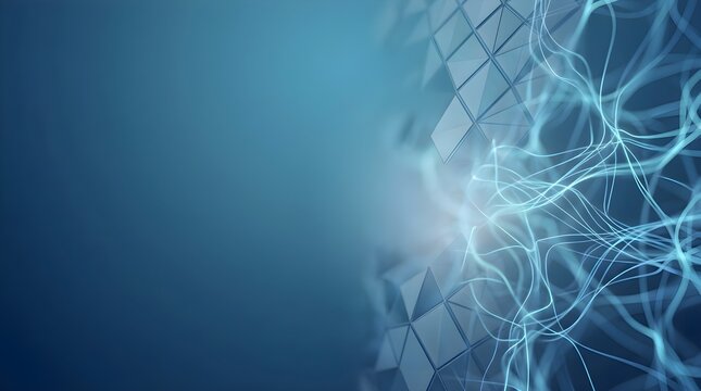 Futuristic abstract background featuring a complex glowing light network and data flow emerging from geometric structures on a dark blue field.