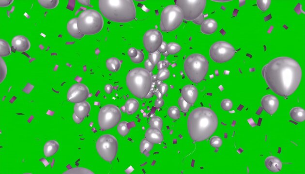 Silver balloons and confetti falling against a vibrant green background.