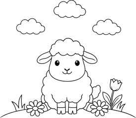 Obraz premium Adorable lamb standing in a field of flowers and grass with fluffy clouds above in a black and white line drawing