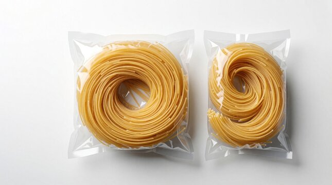 Two transparent plastic bags containing spaghetti pasta on white background. Clear food packaging mockup shows dry noodles in vacuum sealed pouches. Assortment of different size pack designs for